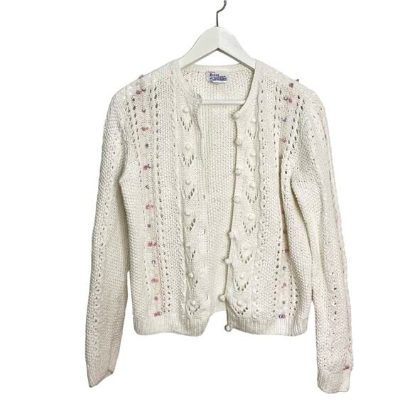 Vintage Deans Scotland 60s Size M Hand Knit White Flower Bobble Cardigan Sweater - Picture 1 of 11